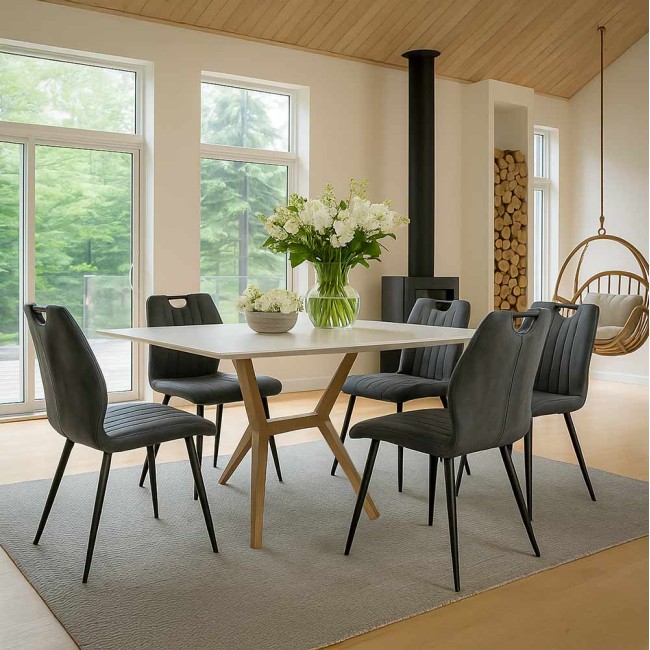 Scaun living BUC 204 gri – catifea moale, spatar ergonomic, cadru metalic Scaun gri pentru living din catifea cu cadru metalic BUC 204