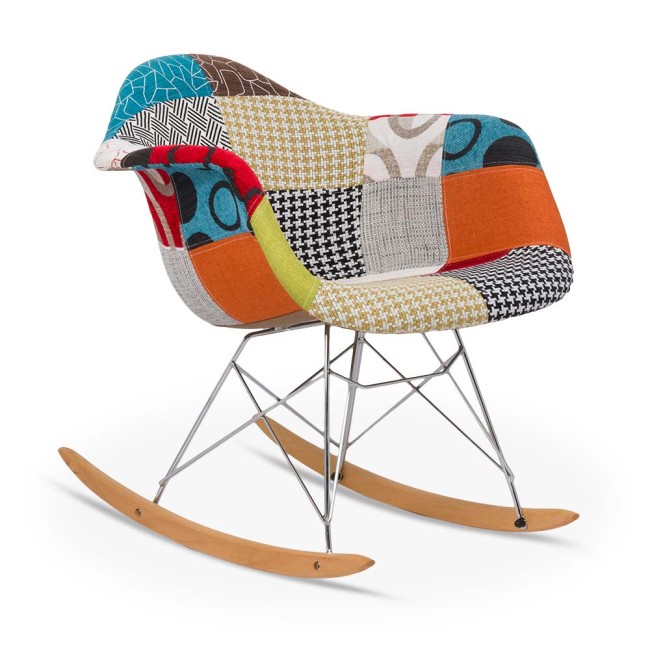 Scaun balansoar de relaxare BUC 243B – Patchwork multicolor, lemn natural Scaun balansoar de relaxare BUC 243B – design patchwork, lemn natural, confort ergonomic