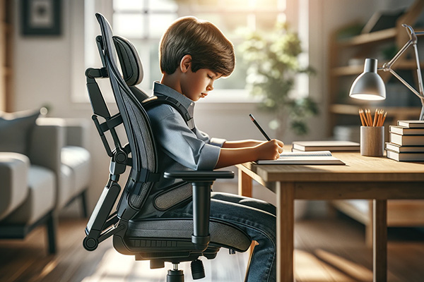 Copil folosind un scaun de birou ergonomic, concentrat la studiu